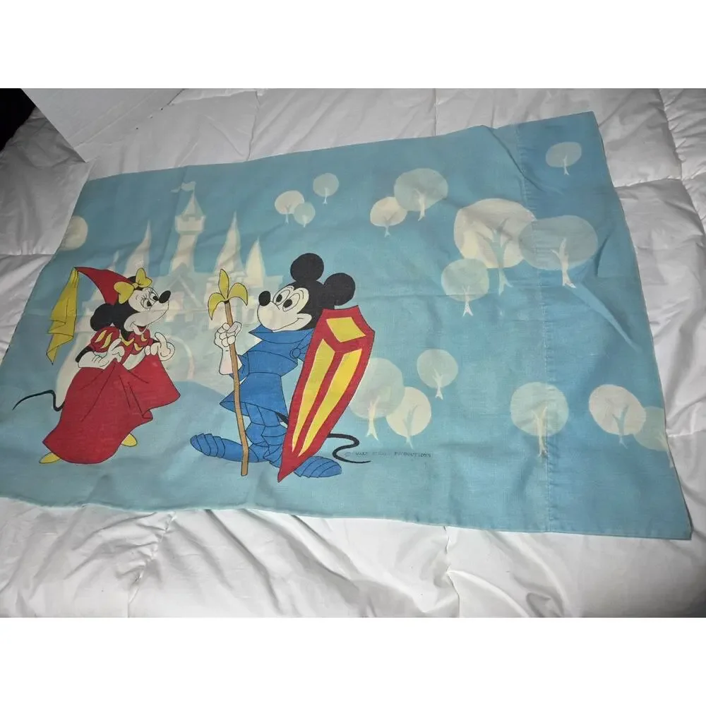 Disney 70s Mickey Mouse Frontierland Blue Pillowcase Knight Princess Vtg Cham